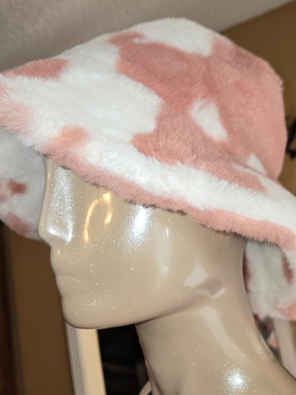 Pink White Cow Print Faux Fur Bucket Hat Plush Y2K Festival